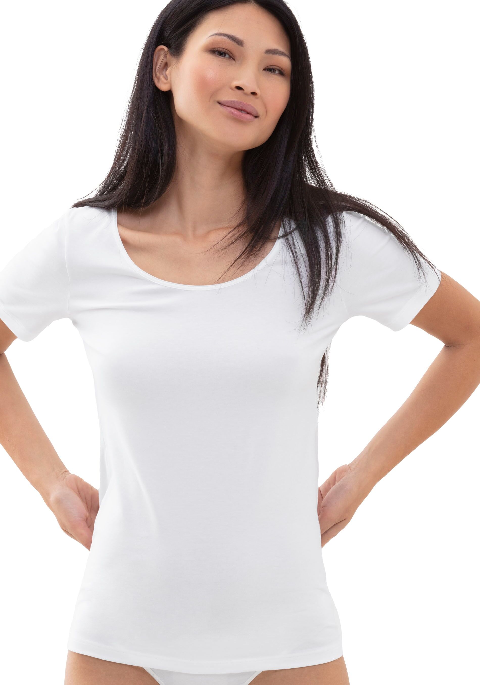Kurzarmshirt MEY "COTTON PURE", Damen, Gr. 36, weiss (weiß), Single Jersey, Obermaterial: 94% Baumwolle, 6% Elasthan, unifarben, bequem hüftbedeckend, tiefer Rundhals, Shirts Kurzarmshirt, Rundhalsausschnitt, Halbarm, Legere Passform weiß 36