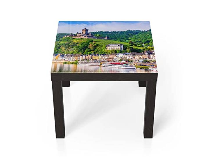 DEQORI Glastisch schwarz klein 55x55 cm Motiv Burg Cochem mit Mosel ausgefallener Beistelltisch aus Glas Hochglanz Couchtisch fürs Wohnzimmer moderner Couch Tisch mit Design