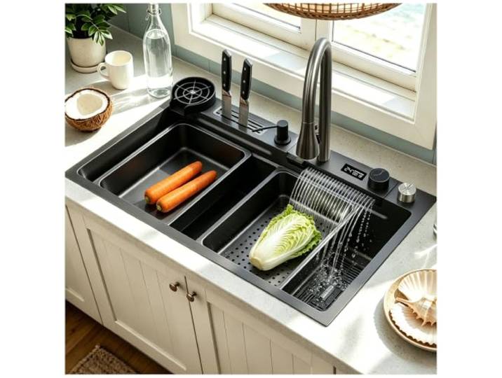Edelstahl küchenspüle mit wasserfall single bowl küchenspüle mit digitaler Anzeigehahn Multifunktional Bar Spüle mit Entwässerungskorb, Entwässerungsbecken, Entwässerungskomponente