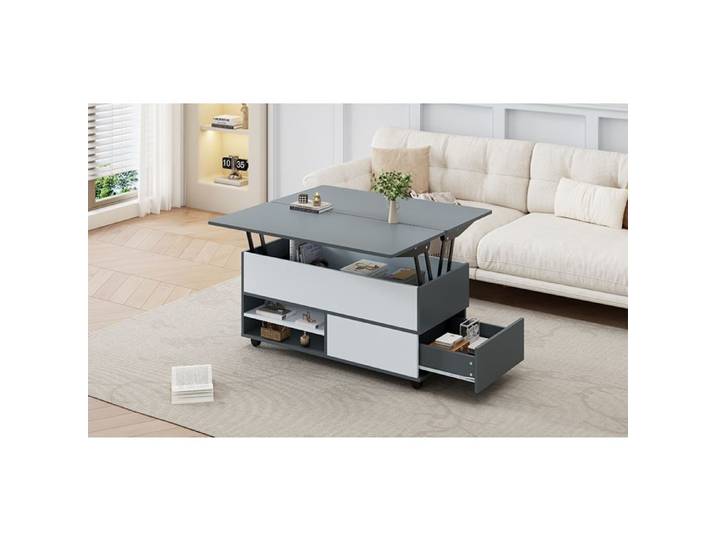 Table basse relevable 100x98x65 cm gris blanc roulettes