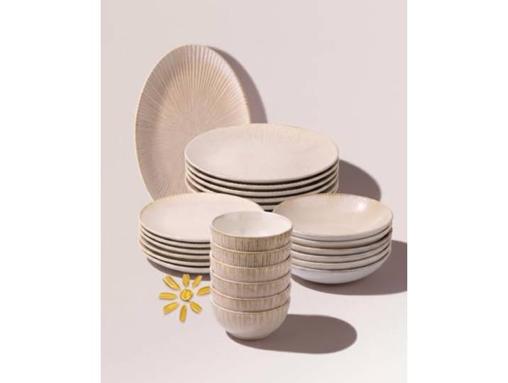 BRICARD Amilly Porzellan-Geschirrset 25-teilig für 6 Personen, Creme Tafelservice: je 6 Speise-, Dessert- und Suppenteller, 6 Schalen & 1 Servierplatte; spülmaschinenfest & mikrowellengeeignet