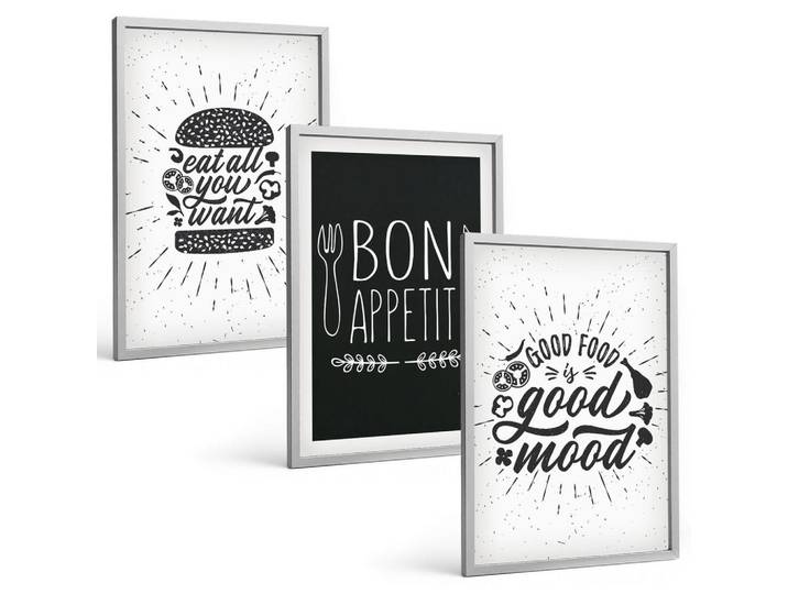 Tulup Bilder SET 3er Set - 40x60 cm Silberner Rahmen - Grafiken, Lebensmittel, kulinarische Slogans, Silberfarben, Kunststoff, Rechteckig, 40x60 cm, gerahmt, Bilder & Rahmen, Bilder