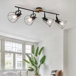 Vintage Spotleuchte Wohnzimmerlampe Retro Deckenleuchte 4 flammig, Spots beweglich, Holzoptik Metallgeflecht schwarz, 4x E27 Fassungen, HxBxT 31x83x14 cm
