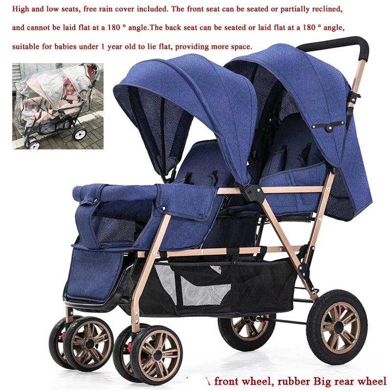 Doppelkinderwagen - Buggy für Zwillinge mit umwandelbaren Sitzflächen und Reisebetten - Blau und Gold