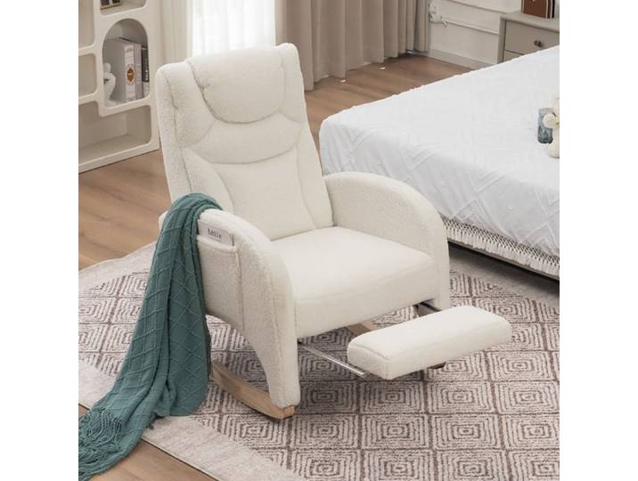 Fauteuil à bascule 052 Chaise à balançoire Tissu en peluche blanc Chaise de salon avec accoudoir Fauteuil relax
