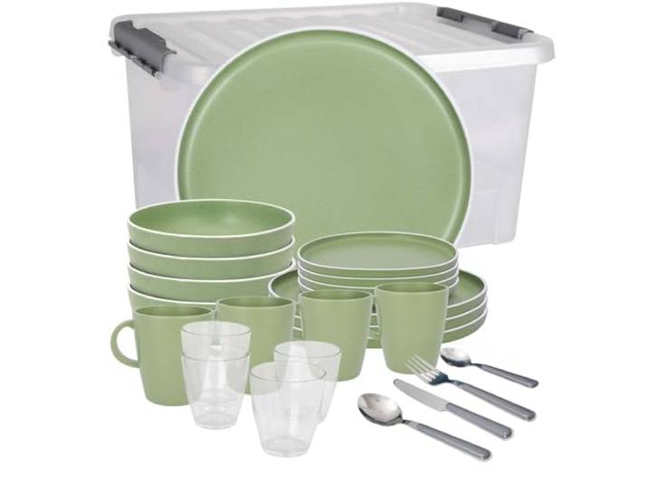 BRUNNER Melamin Geschirr-Set Camping 36-tlg DOLOMIT All Inclusive Stapelbar Antislip (Antirutsch), 2-4 Personen, wie Steingut (StoneTouch), Bruchfest, Teller Besteck & Becher, Wohnmobil Wohnwagen Boot