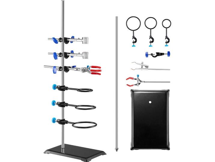 VEVOR Support pour portoir de laboratoire\, portoir de portoir de laboratoire 1 jeu\, portoir de laboratoire en acier avec tige de 60 cm & base en fonte de 210\,82 x 135 mm\, y compris pinces à piston\, pinces à burette et pinces croisées