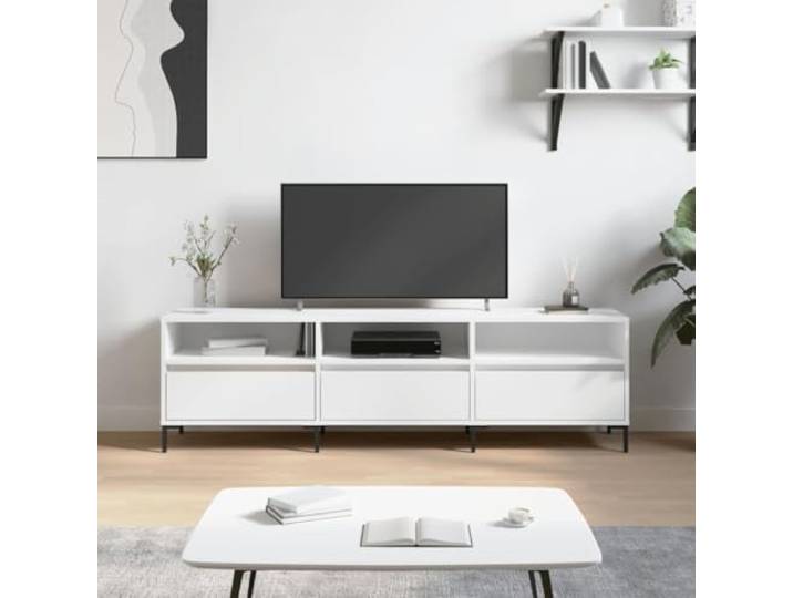 HEFZGDB TV-Schrank Weiß 150x30x44,5 cm Holzwerkstoff mit 6 Fächern und Eisenbeinen für Wohnzimmer, Stauraum Möbel, Stabile Tischplatte, Medienboard Aufbewahrung