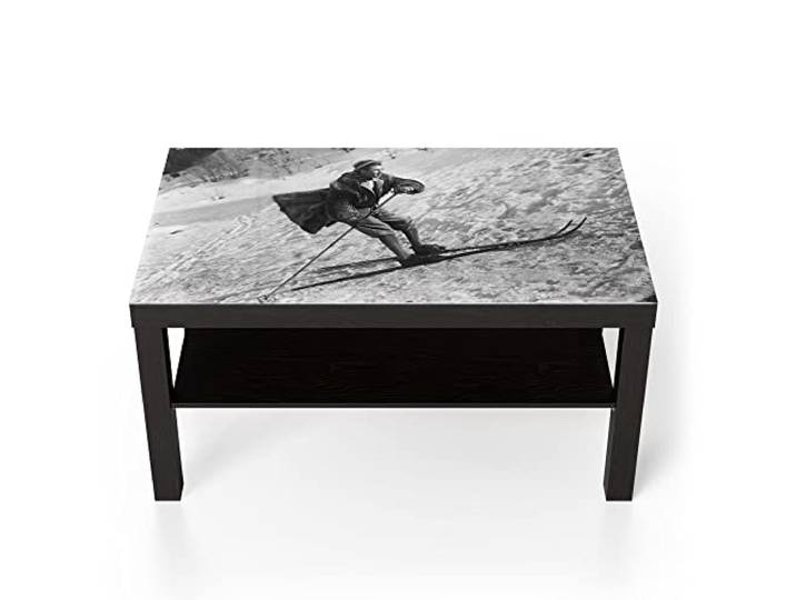 DEQORI Glastisch schwarz groß 90x50 cm Motiv Casanova auf Skiern ausgefallener Beistelltisch aus Glas Hochglanz Couchtisch fürs Wohnzimmer moderner Couch Tisch mit Design