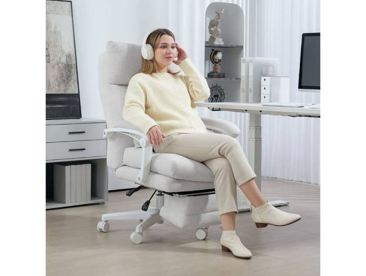 WOVREO Chaise de bureau ergonomique dossier haut repose-pieds inclinable 160° tissu beige