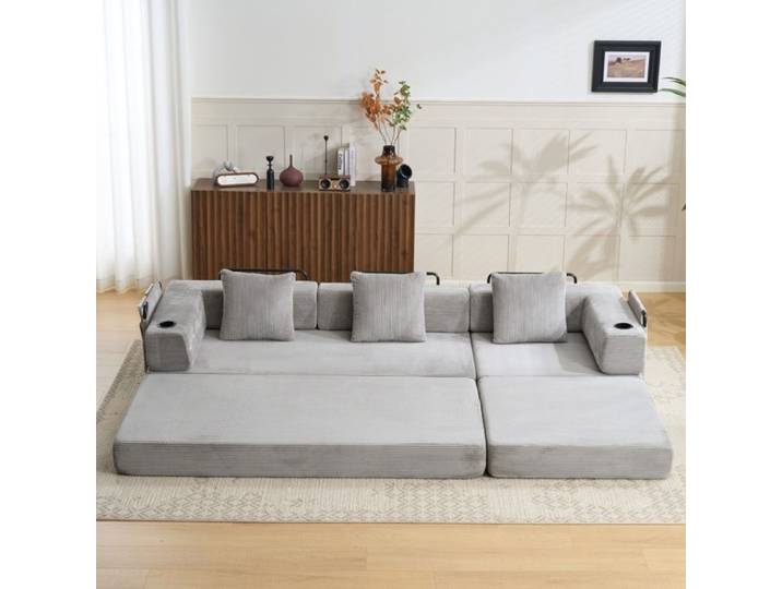 ROVRYN Canapé lit convertible pliable compressé 3 places en corduroy gris clair sans montage