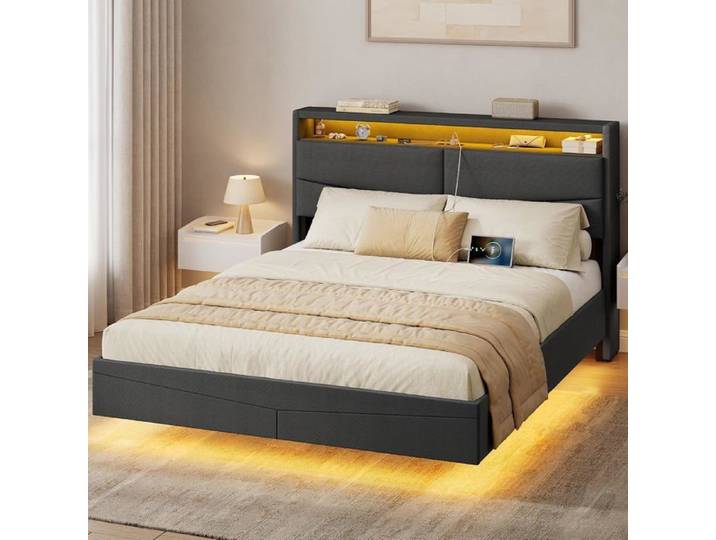 Lit Double 140×190 cm avec Éclairage LED et Station de Recharge Rangement Dans Cadre de Lit Double Au Design Flottant