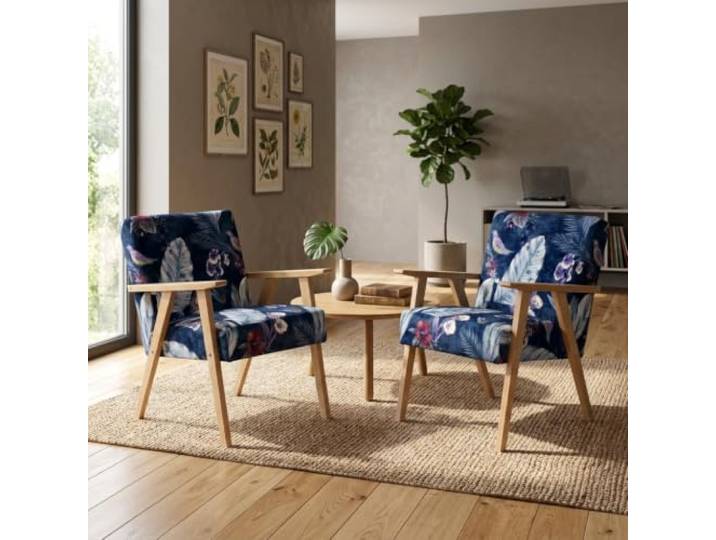 Family Meble 2er-Set Sessel Soler Flowers – 2 Retro-Sessel im Vintage-Stil mit Stoff-Bezug – Türkis · 2