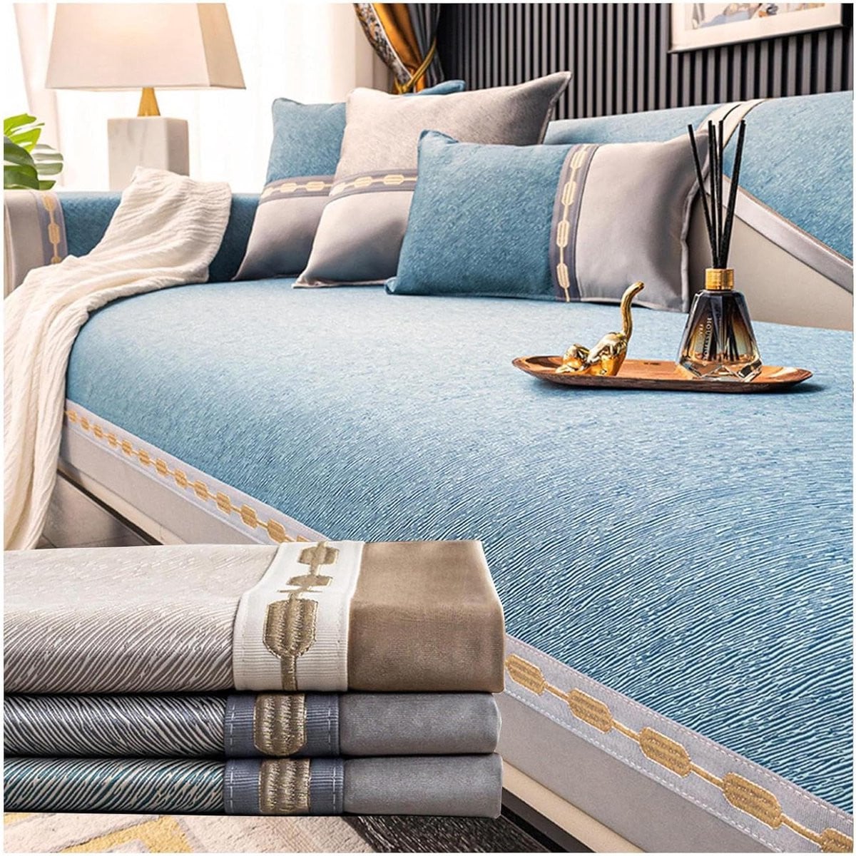 Blauwe Chenille Sofahoes - Antislip Bankhoes Beschermer voor Meubels - 110 x 160 cm