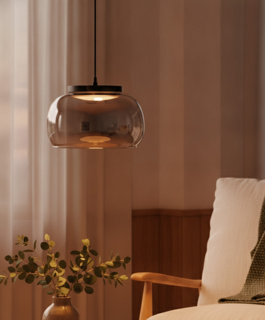 Moderne hanglamp Lyora Bios ronde LED in zwart of grijs met rookglas
