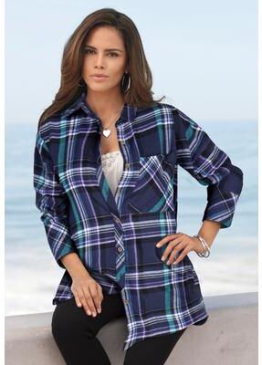Plus Size Women's Plaid Flannel Tunic by Roaman's in Navy Light Jade Plaid (Size 36 W) Plaid Shirt