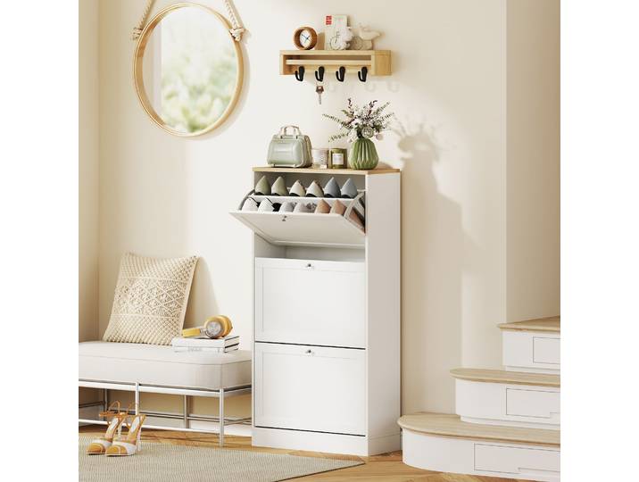 HOMCOM Meuble Chaussures Scandinave 3 Portes Blanc/Bois