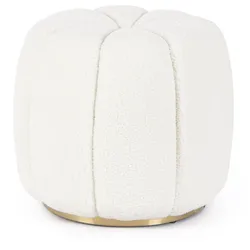 Pouf Karolina aus Boucle-Stoff, modern gepolstert, rund, Weiß, goldfarbenes Metallgestell