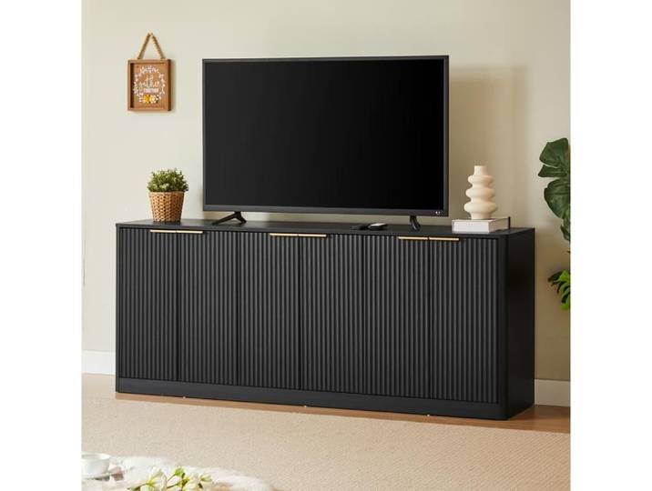 Buffet bas 170 cm noir à 6 portes façades ondulées meuble TV de rangement en MDF