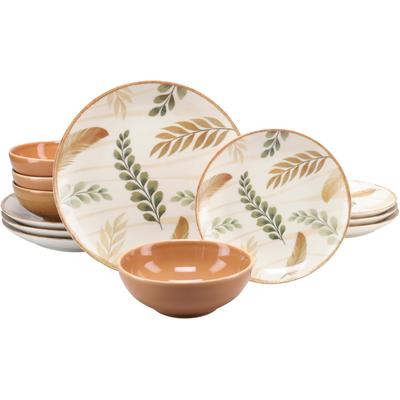 Teller-Set CREATABLE "Blätter, Geschirr-Set, 12-tlg.", braun (terra), 12, Steinzeug, Geschirr-Sets, Robustes Steingut, cremefarbener Scherben