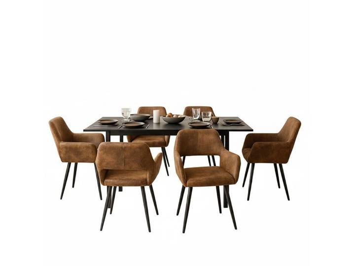 MEUBLES COSY Ensemble table à manger extensible noire avec 6 fauteuils en suédine style scandinave