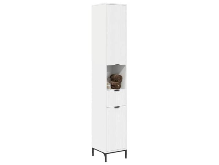 KTHLBRH Badezimmerschrank weiß 31,5 x 33 x 190 cm Minimalistisches Design, Anthrazit Details, 3 Einlegeböden, robuste Struktur