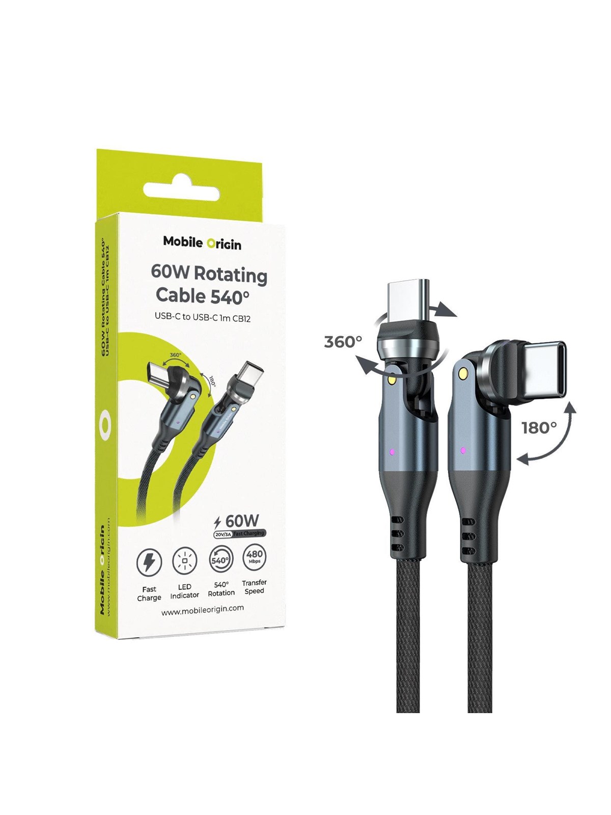 Mobile Origin Rotating Cable 540° USB-C to USB-C - 1m