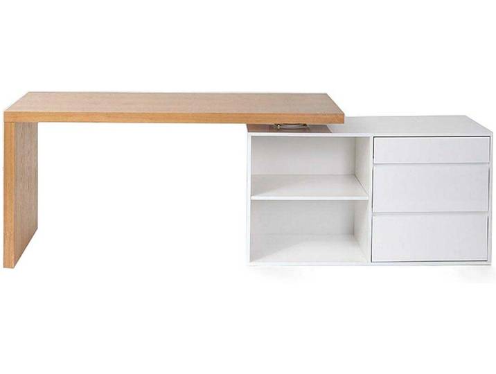 Bureau modulable design blanc brillant et bois clair frêne L160-235 cm NEW MAX