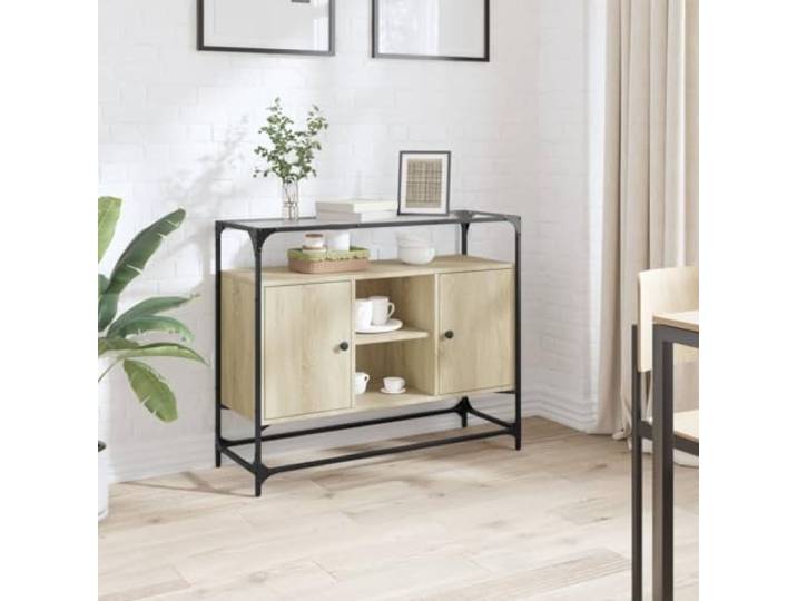 RJPLMFV Anrichte Eiche Sonoma Holz Technik mit Glasplatte 2 Türen, Aufbewahrung für Wohnzimmer, Wandbefestigung inklusive, Oberfläche aus Glas für Dekoration
