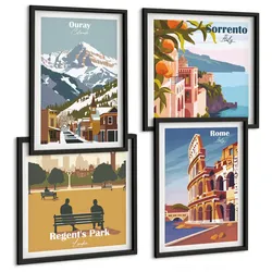 BILDER SET 4er Set - 50x50 cm & 40x60 cm Schwarzer Rahmen - Retro-Illustrationen berühmter Orte