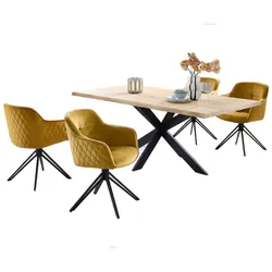 moebel-dich-auf Essgruppe TORANO Esstisch Eiche Massivholz mit Baumkante 200 cm breit, 4 Stühle in gold
