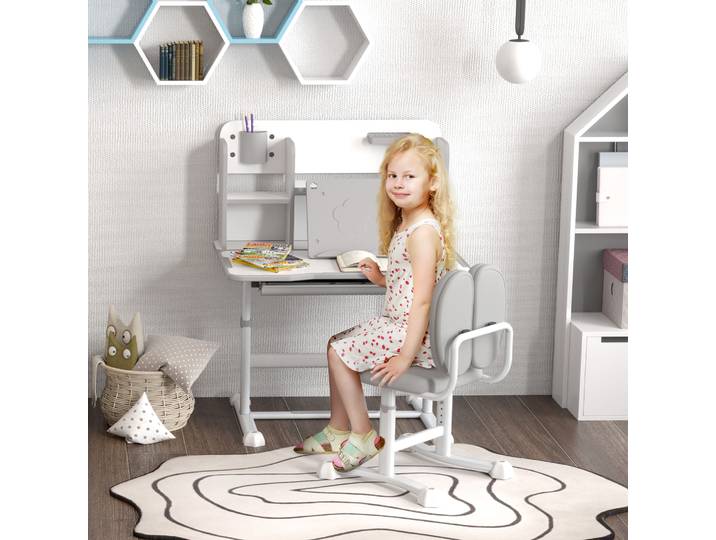 AIYAPLAY Bureau et Chaise Enfants Réglables Tableau Inclinable Gris