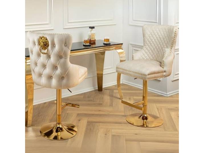 LEBENSwohnART Edler höhenverstellbarer Barstuhl Leon Samt beige Edelstahl Silber Löwenkopf Barhocker Chesterfield