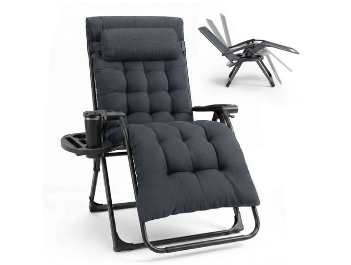 Sekey Transat XXL Pliable 74 cm 3 Positions Charge 150 kg avec Coussin Appui-tête et Porte-gobelet Gris