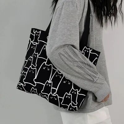 Youfap Market Fashion Canvas Cute Cat Shopper Handbags, Casual Graphic Tote For Women, Small Shoulder Japanese Cartoon Bag black