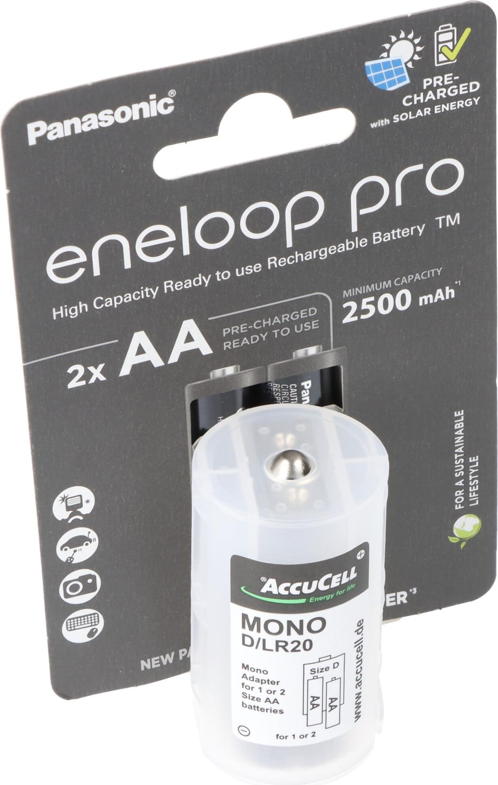 Panasonic eneloop Mono set met 1x AccuCell adapter D en 2x eneloop pro AA-batterijen