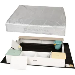 WONDERMAKE® Design Sandkasten mit Matschküche, Abdeckung OXFORD 420D, Vliesfolie, Sandkiste Holz quadratisch verschließbar Outdoor Garten für Kinder, weiß bunt