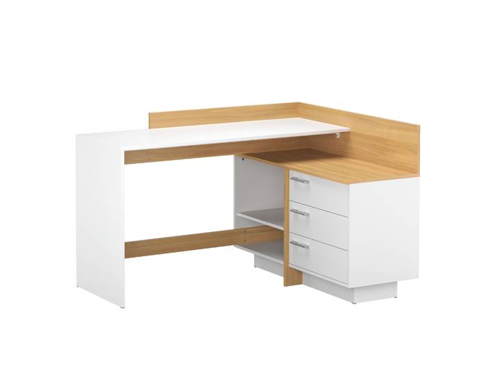 Eckschreibtisch KRANE mit 3 Schubladen 129 x 105 x 83 cm weiss/natur