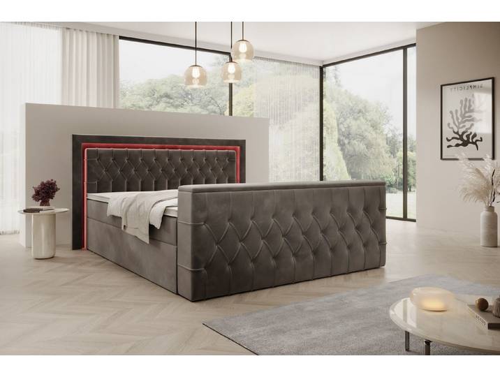 PROMETO Möbel Boxspringbett Doppelbett 180x200cm mit Matratze, Bettkasten TV-Lift LED Beleuchtung