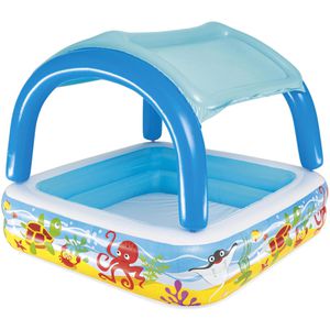 Bestway Planschbecken Beach Buddy 52192, mit Sonnenschutzdach, ab 2 Jahren, 2 Luftringe, bis 265 Liter, 140 x 140 x 114 cm