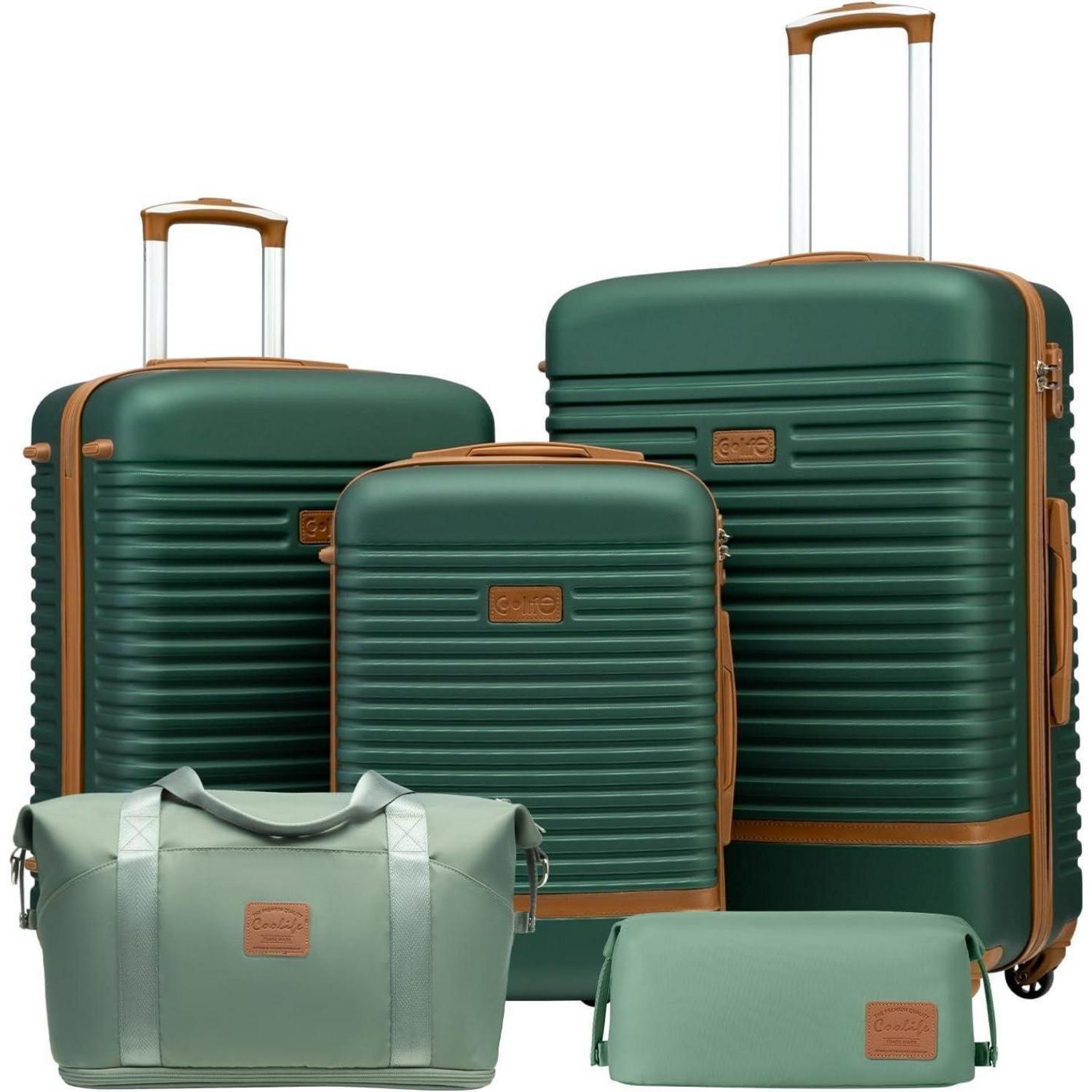 Koffer Set 5-teilig S+M+L + Reisetasche | ABS Hartschale, 360° Räder, TSA-Schloss | Dunkelgrün/Braun