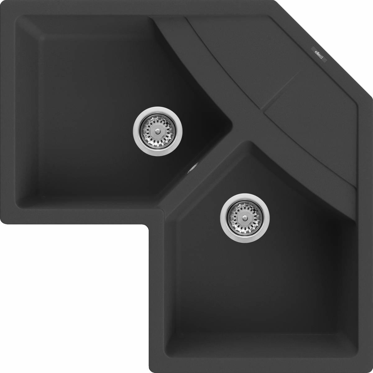Elleci Unico Corner, Aufsatzwanne, Ecke, Granitek, Schwarz, 2 Becken, Trapezoid