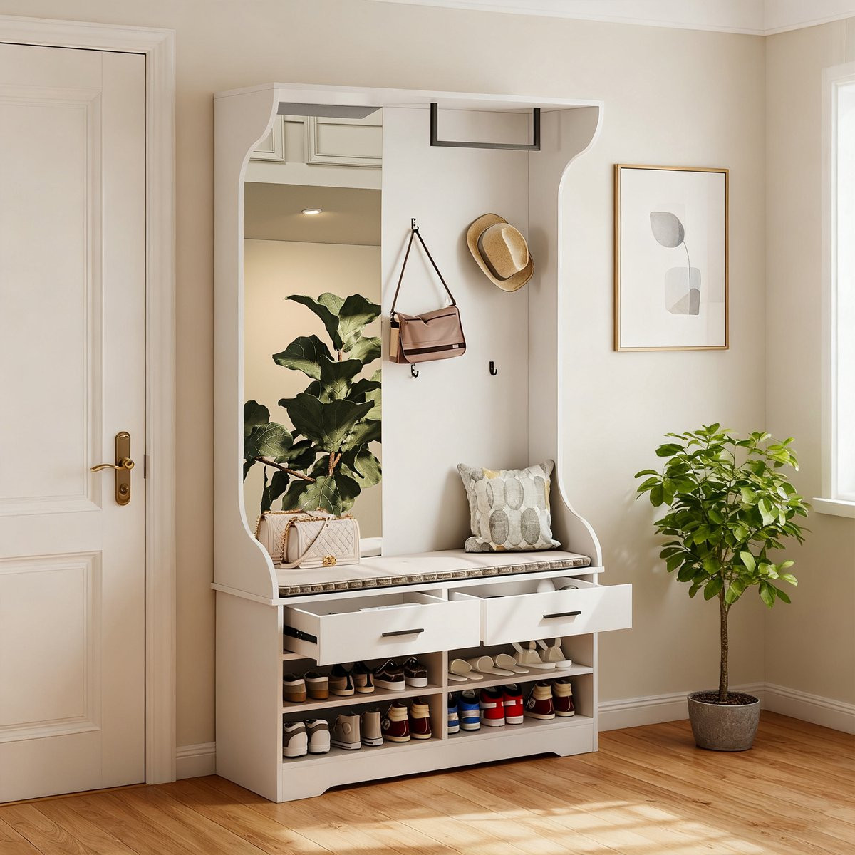 6-in-1 multifunctionele kledingkastset met spiegel, lades en schoenenkast in wit