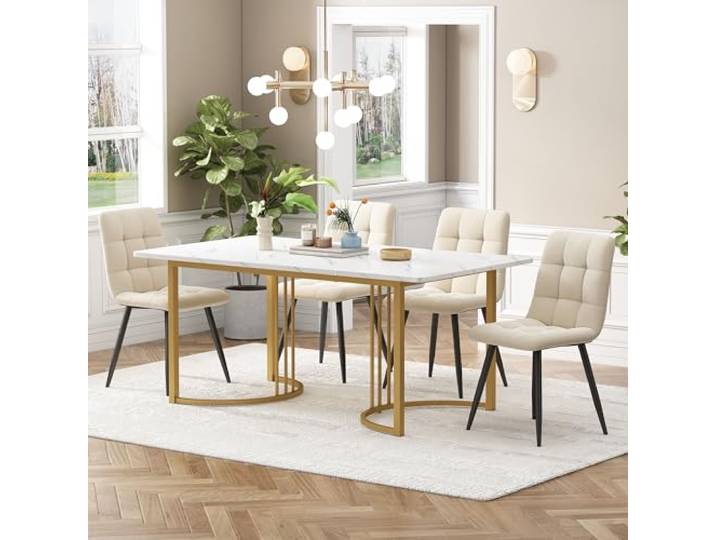 KUAKE Esstisch-Set mit 4 Stühlen 140x80 cm, Essgruppe mit 4 Stühlen aus Samt, Küchen-Esstisch für Zuhause & Familie, Gold Metall Tischbeine + 4 Beige Stühlen(Beige-A)