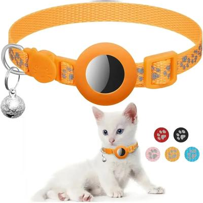Inspired Finds AirTag Ready Reflective Breakaway Cat Collar With Bell For Kittens & Cats pawprint Tangerine