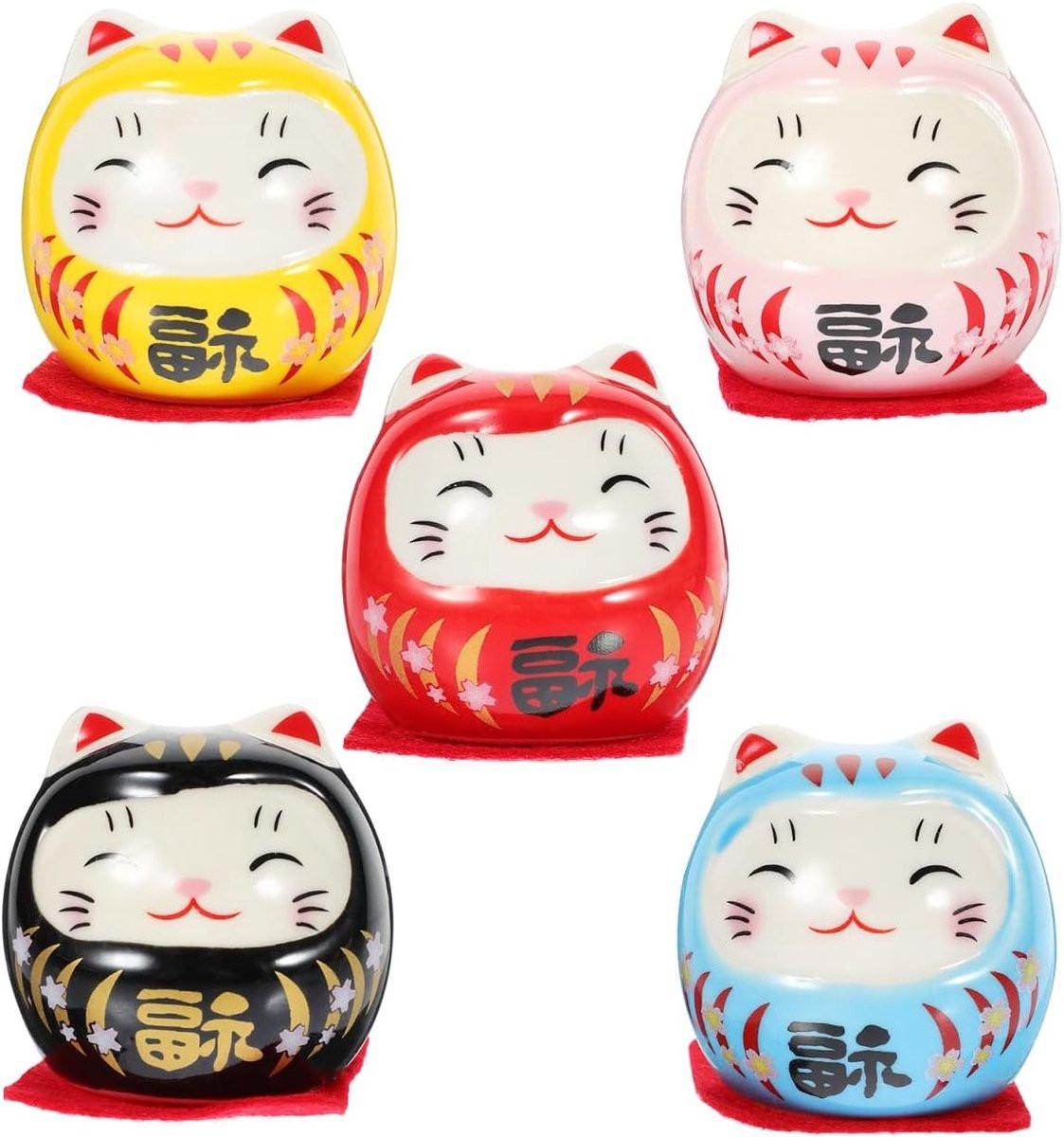 Set van vijf Japanse Dharma Eieren ornamenten van keramiek als geluksbrengers en traditionele wobbelende figuren