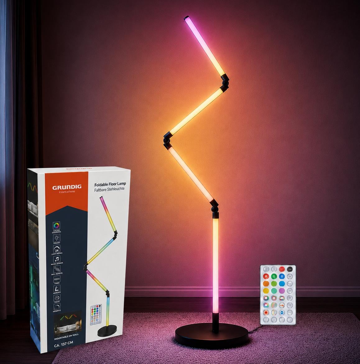 Grundig RGB Vloerlamp met 24 lichtmodi en muzieksensor, dimbare LED hoeklamp met afstandsbediening, Zwart, Hoogte: 137 cm