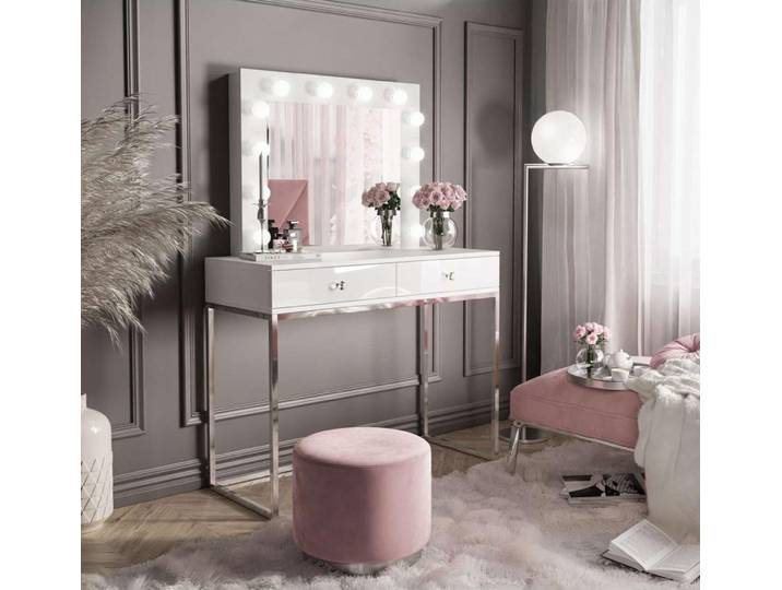 Schminktisch BLANCO GLAMOUR mit Spiegel und Beleuchtung weiß Hochglanz mit Griffen