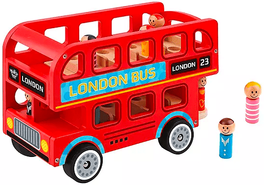 Tooky Toy Wooden London Bus 10-Piece Playset for Kids - Red Double-Decker Bus with 9 Wooden Figures - Non-Toxic, Water-Based Paint - Ages 3 and Up
