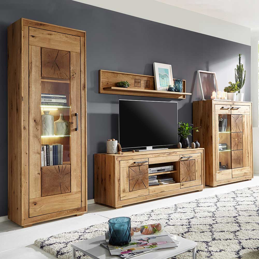 Pharao24.de Wohnzimmer Anbauwand aus Wildeiche Massivholz rustikalen Look (vierteilig)